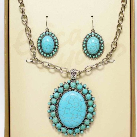 Erica Lyons Set Necklace & Earrings Faux Turquoise & Silver 20" Gift Boxed NIB - Picture 6 of 6